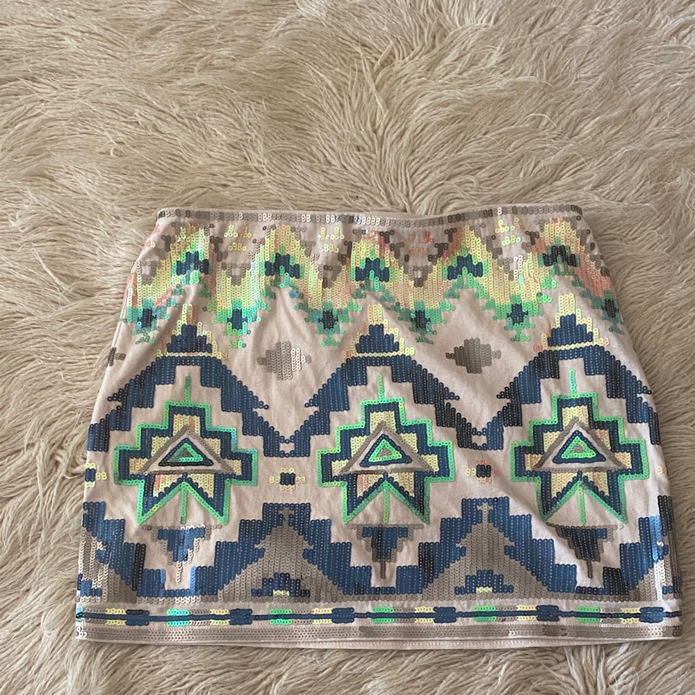Express Beige Mini Skirt with Blue and Green Sequin Aztec Pattern🌸🌺